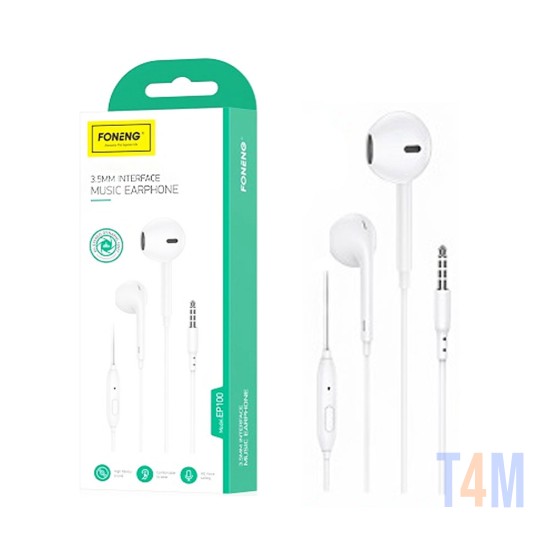 Foneng Wired Earphones EP100 with Microphone 3.5mm 1.2M White